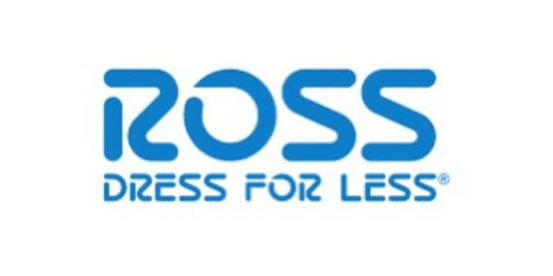 The image shows the logo for Ross Dress for Less. The text "ROSS" is displayed in blue, stylized, uppercase letters. Below it, the words "DRESS FOR LESS" are written in a smaller, blue font. The logo has a white background.