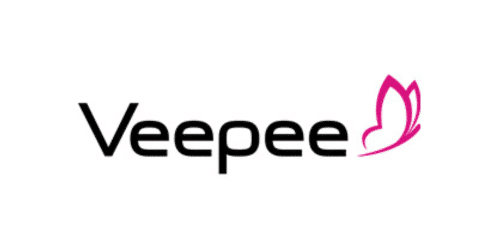 The Vepee logo features the word "Vepee" in black capital letters in a modern sans-serif font. Next to the text on the right side is a stylized, pink butterfly in a minimalist design. The background is white.