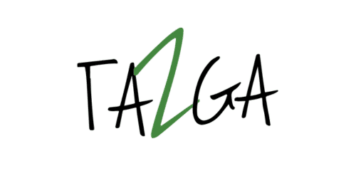 The image displays the word "TAZGA" in black letters on a white background. The letter "Z" is stylized and written in green, with a unique look that makes it appear as if it was drawn with a single stroke.