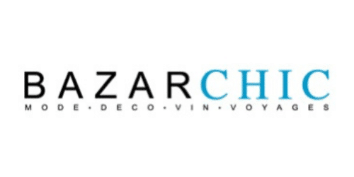 Logo of BazarChic with "Bazar" in black and "Chic" in light blue. Below it are the words "Mode," "Deco," "Vin," and "Voyages," each separated by a dot. The background is white.