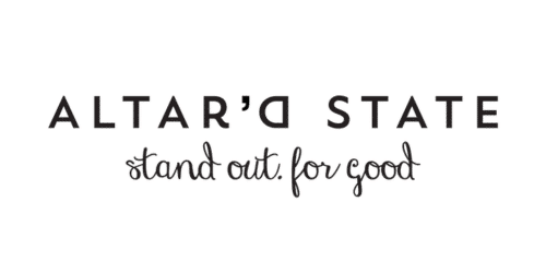 The image shows the logo for Altar'd State, featuring the brand name in bold, uppercase letters and the slogan "stand out. for good" written in a cursive font below it. The text is all black on a white background.