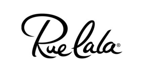 Rue La La" logo featuring elegant, cursive black text on a white background. The words are interconnected, creating a stylish and flowing design.