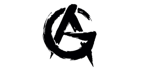 A stylized black logo features the letters "A" and "G" intertwined in a circular formation, with brushstroke-like texture and angular edges, set against a white background.