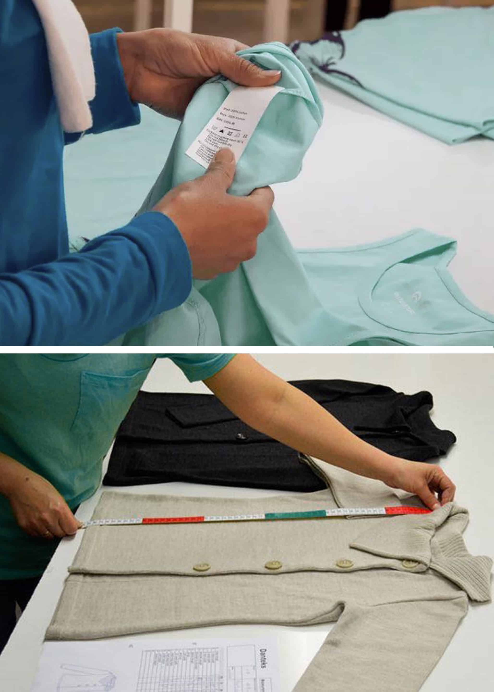 Two images depict quality control in clothing manufacturing. The top shows a person inspecting a clothing label inside a mint-green shirt. The bottom image shows someone measuring a beige cardigan with a measuring tape on a table, with a black garment and paperwork nearby.