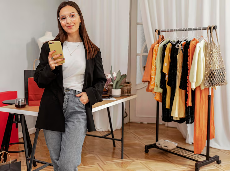 A woman wearing glasses, a white shirt, black blazer, and jeans stands indoors holding a smartphone. Behind her are a clothing rack with colorful clothes, highlighting her fashion business, plus a table with shopping bags and a potted plant.