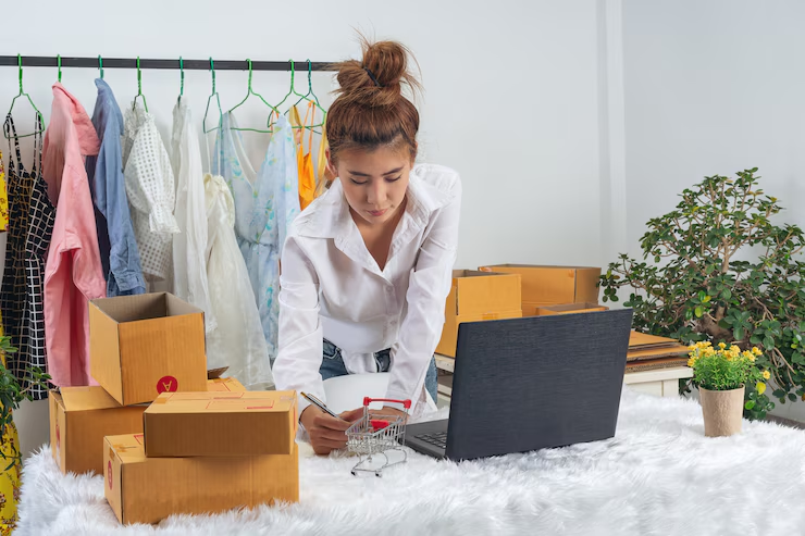 A woman stands at a desk with a laptop, writing on a notepad. Surrounded by cardboard boxes and clothing racks, she looks ready to get inventory for her online boutique in this bustling small shop workspace.