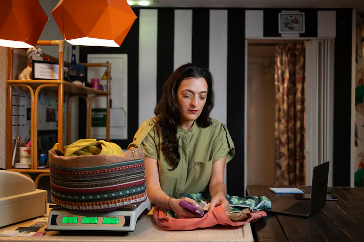 A woman stands at a counter weighing clothes on a digital scale, running her small clothing business from home. She holds a phone, with a basket of laundry nearby; a laptop and notepad rest on the counter, framed by striped walls and warm lighting.