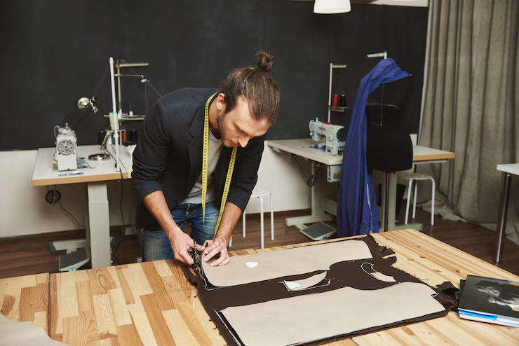 A man with a measuring tape around his neck cuts fabric using a paper pattern on a wooden table in a sewing studio, where sewing machines stand ready—a scene familiar to anyone looking to start an embroidery business.