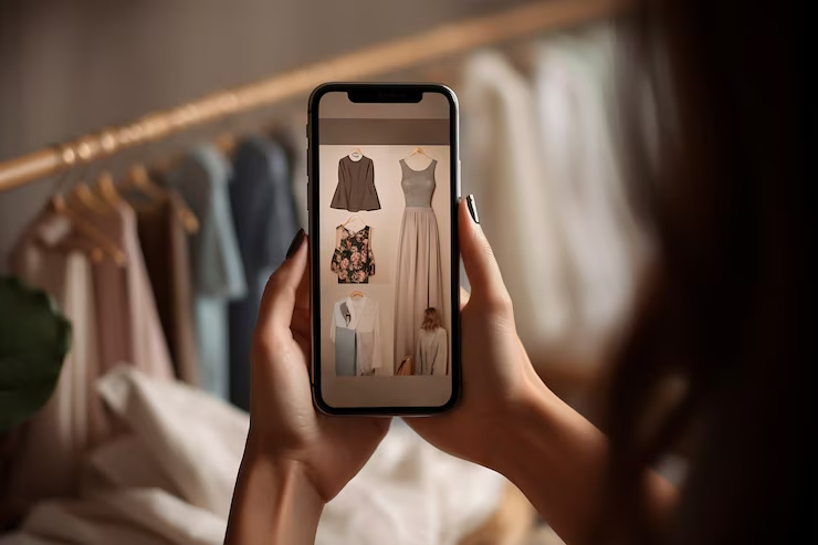 A person holds a smartphone displaying an online boutique app with clothing items, including dresses, a blouse, and a floral skirt. Blurred clothes on hangers are visible in the background—a perfect scene for those eager to start an online boutique.