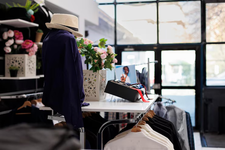 A clothing store interior, perfect for anyone looking to start a clothing business, with shirts on hangers, a white table displaying a hat, scarf, gift box, and pink flowers. Large windows and racks of clothes complete the inviting scene.