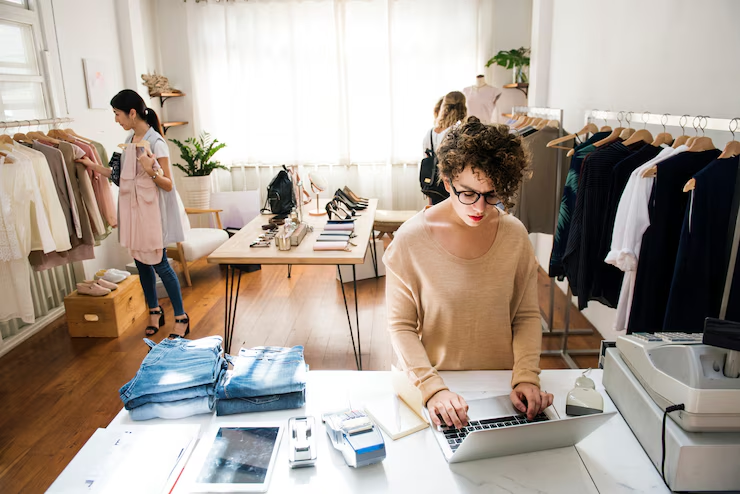 A woman with curly hair uses a laptop at a counter in a boutique clothing store, perhaps exploring where to buy boutique clothes. Two other women browse racks as sunlight streams through large windows.